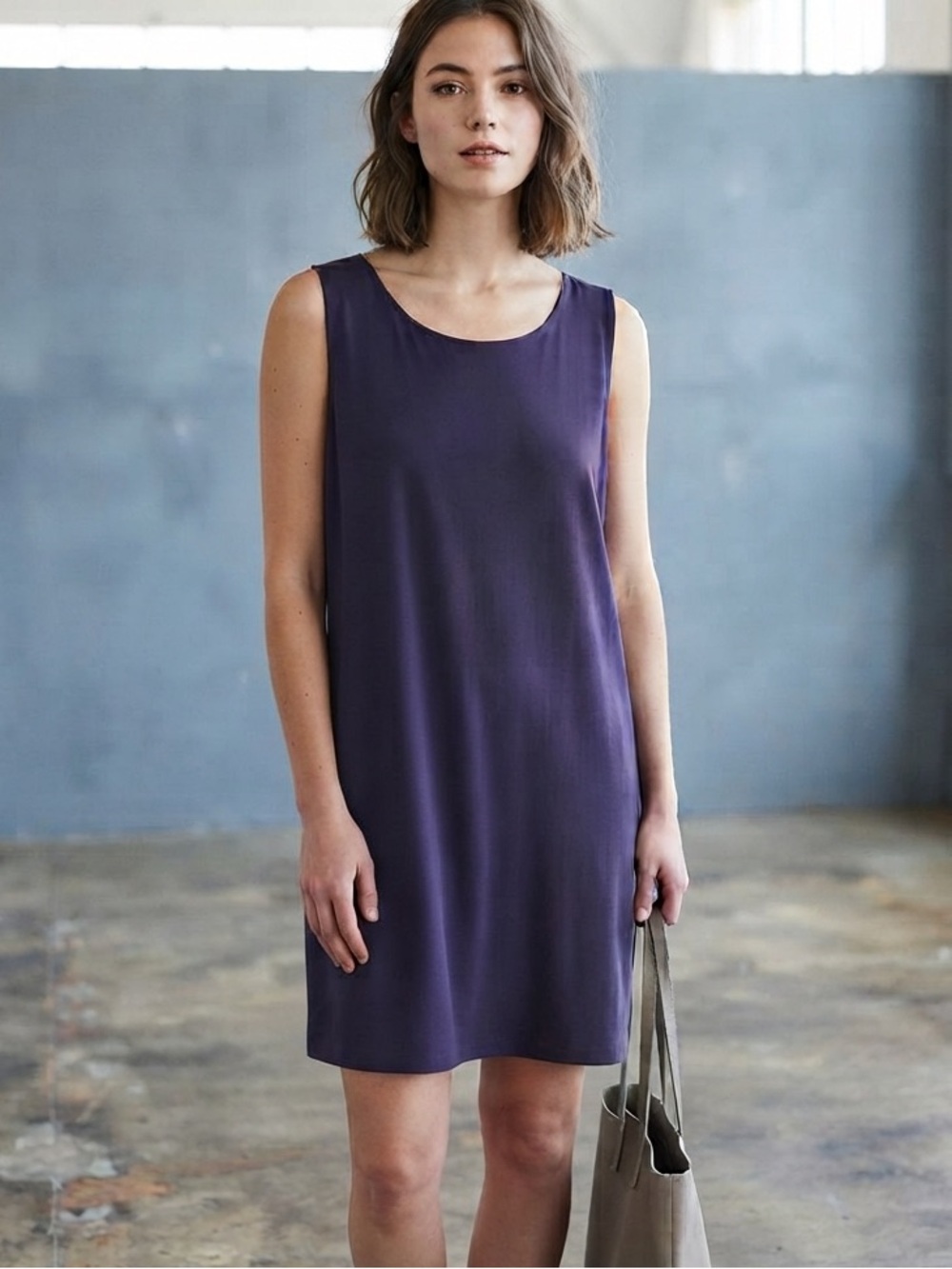 Eileen Fisher Deep Navy Blue Faux Wrap Jersey Dress Size L/G